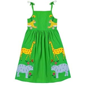 Girls Safari Zoo Animal Embroidered Appliqué Tie Strap Green Vacation Dress